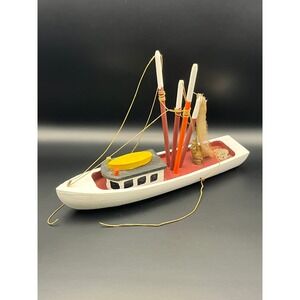 Vintage Wood Boat Sculpture Nautical Decor Handmade Folk Art Fishing 8.5" x 5.5"